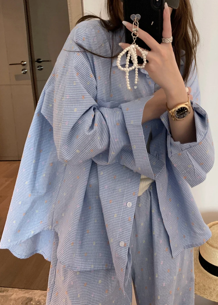 Urban Blue Plaid Stand Collar Button Cotton Blouses Spring