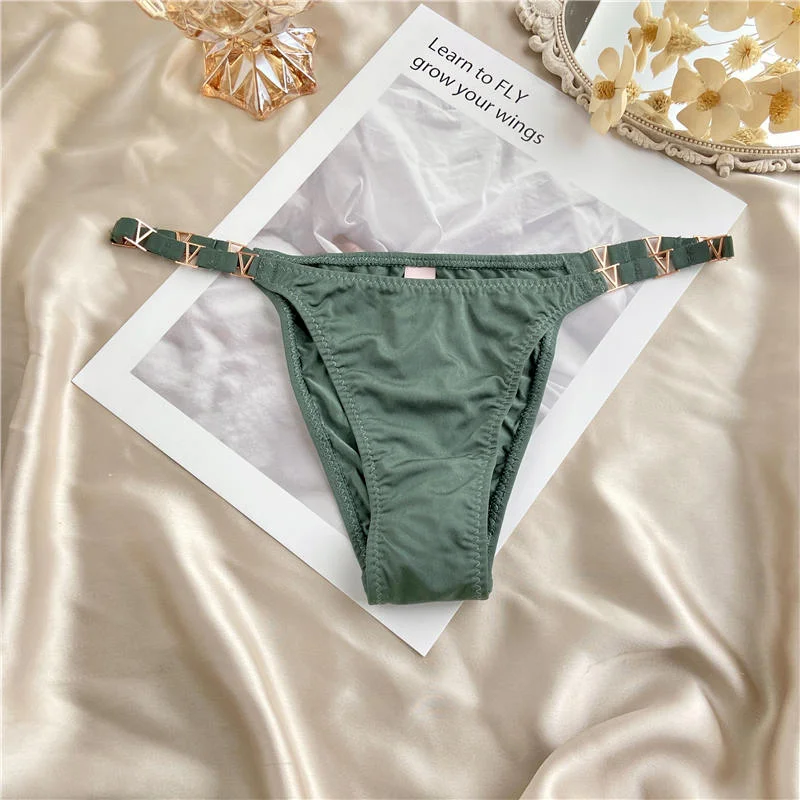 Women Sexy Panties Lingerie Low-Waist Temptation Briefs Soft Silky Thong G-String Panties Female Metal Solid Underwear Knickers