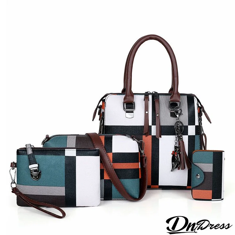 Women Fashion Stripe Color Block Tassel Pendant Coin Purse Crossbody Bag Large Capacity PU Handbag Set