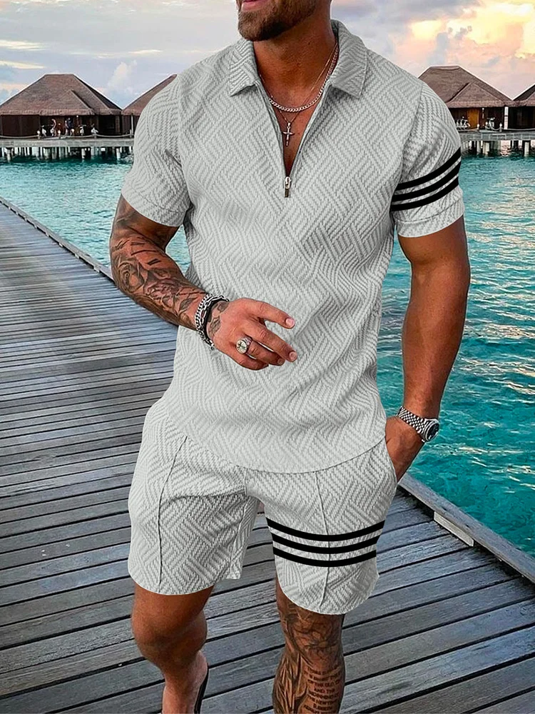 Men's Fashion Striped Printed White Polo Suit