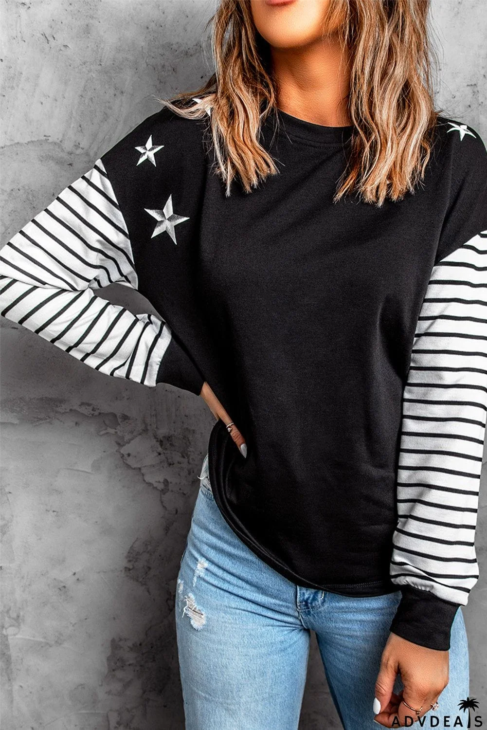 Black Striped Star Long Sleeve Top