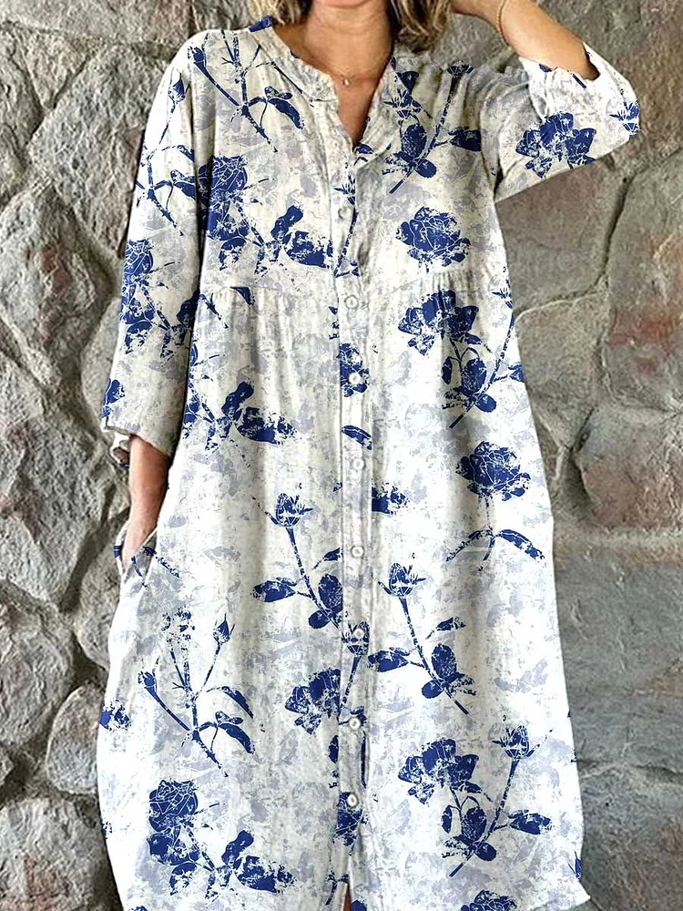 Womens  Artistic  Floral Pattern Cotton Shirt Dress