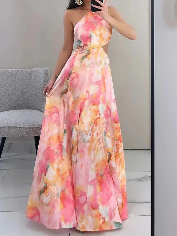 Women's Sleeveless Halter Graphic Maxi Dress