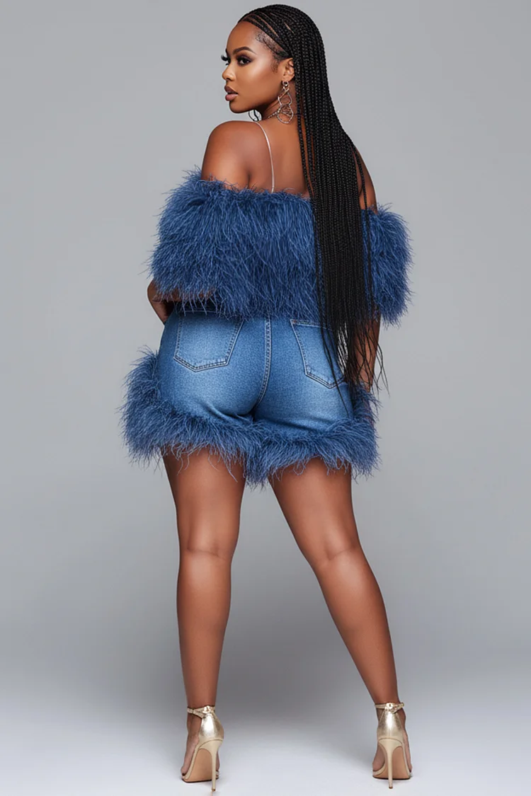 Xpluswear Design Plus Size Party Blue Cold Shoulder Feather See Through Faux Fur Tops [Pre-Order]