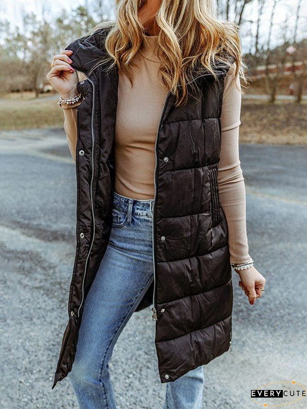 Women's Black Hooded Puffer Vest - Longline