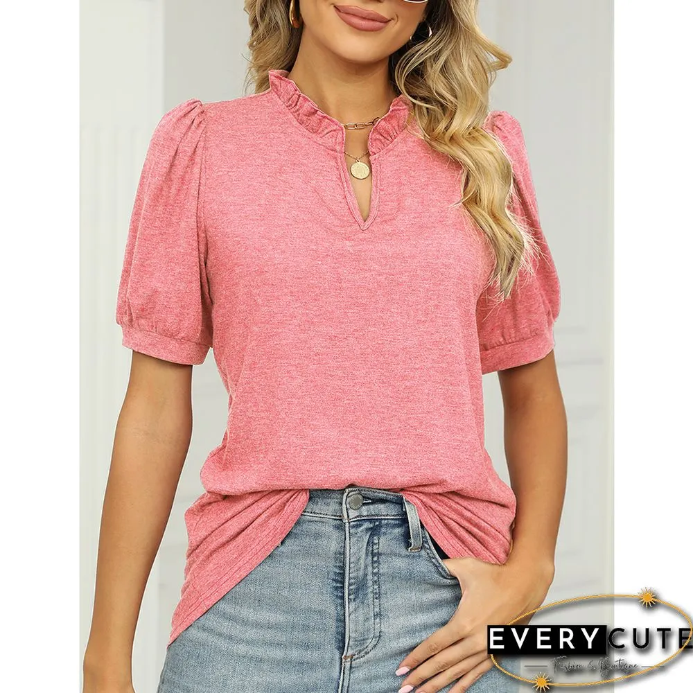 Pink Pleated V Neck Short Sleeve Tees