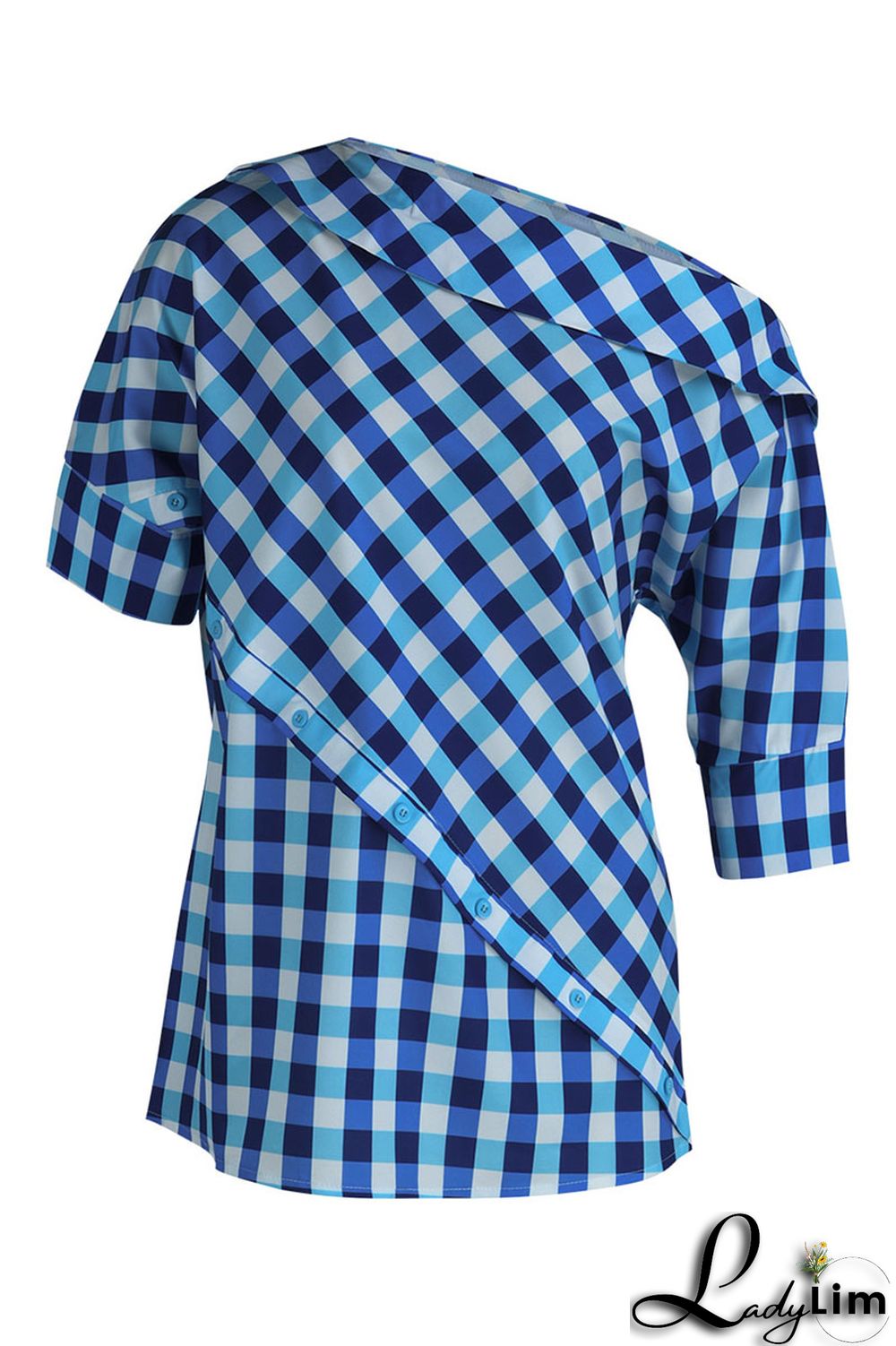 Black Casual Plaid Print Patchwork Asymmetrical Oblique Collar Tops