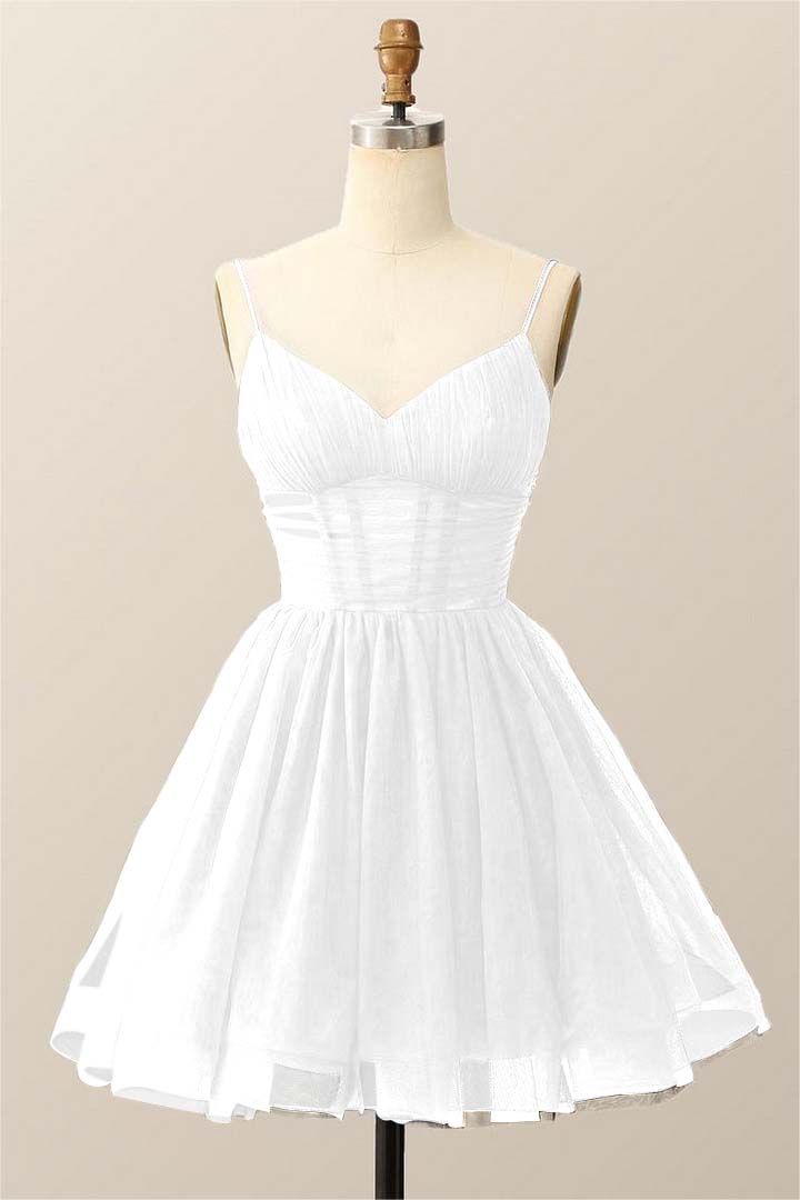 Daisda Simple Navy Blue Tulle Spaghetti Strap Sleeveless Pleated Short Homecoming Dress