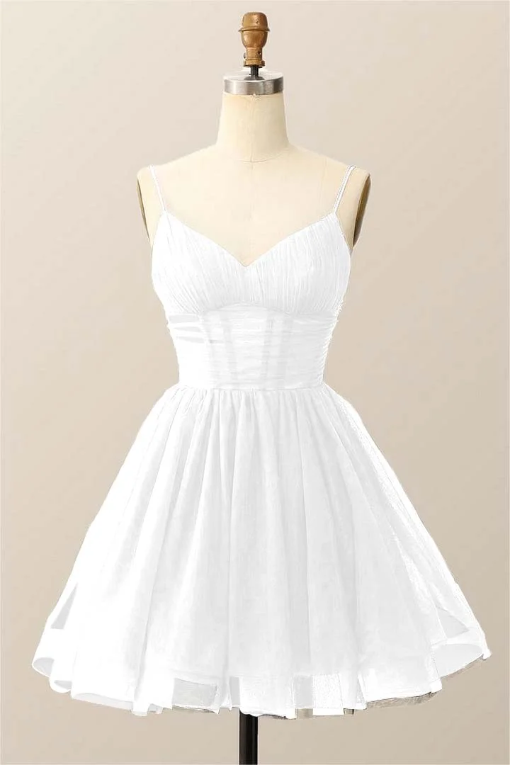 Daisda Simple Navy Blue Tulle Spaghetti Strap Sleeveless Pleated Short Homecoming Dress