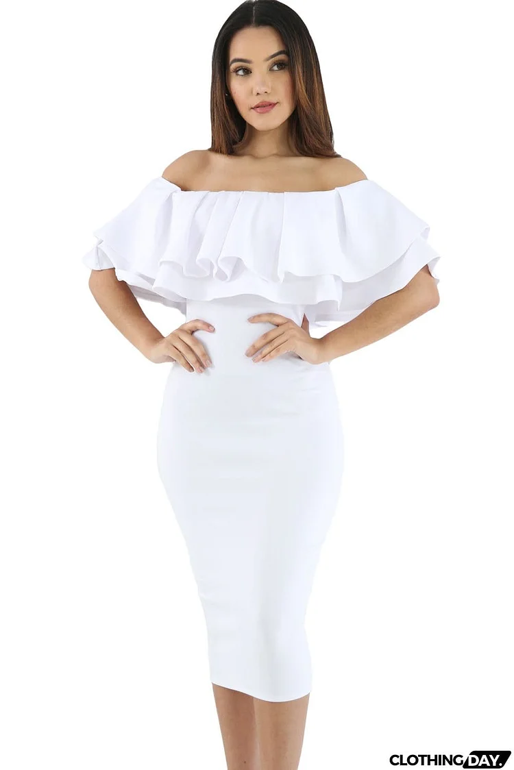 Layered Ruffle Off Shoulder Midi Dress