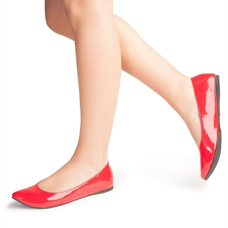 Women's Red Pointy Toe Flats Patent Leather Pumps |FSJ Shoes