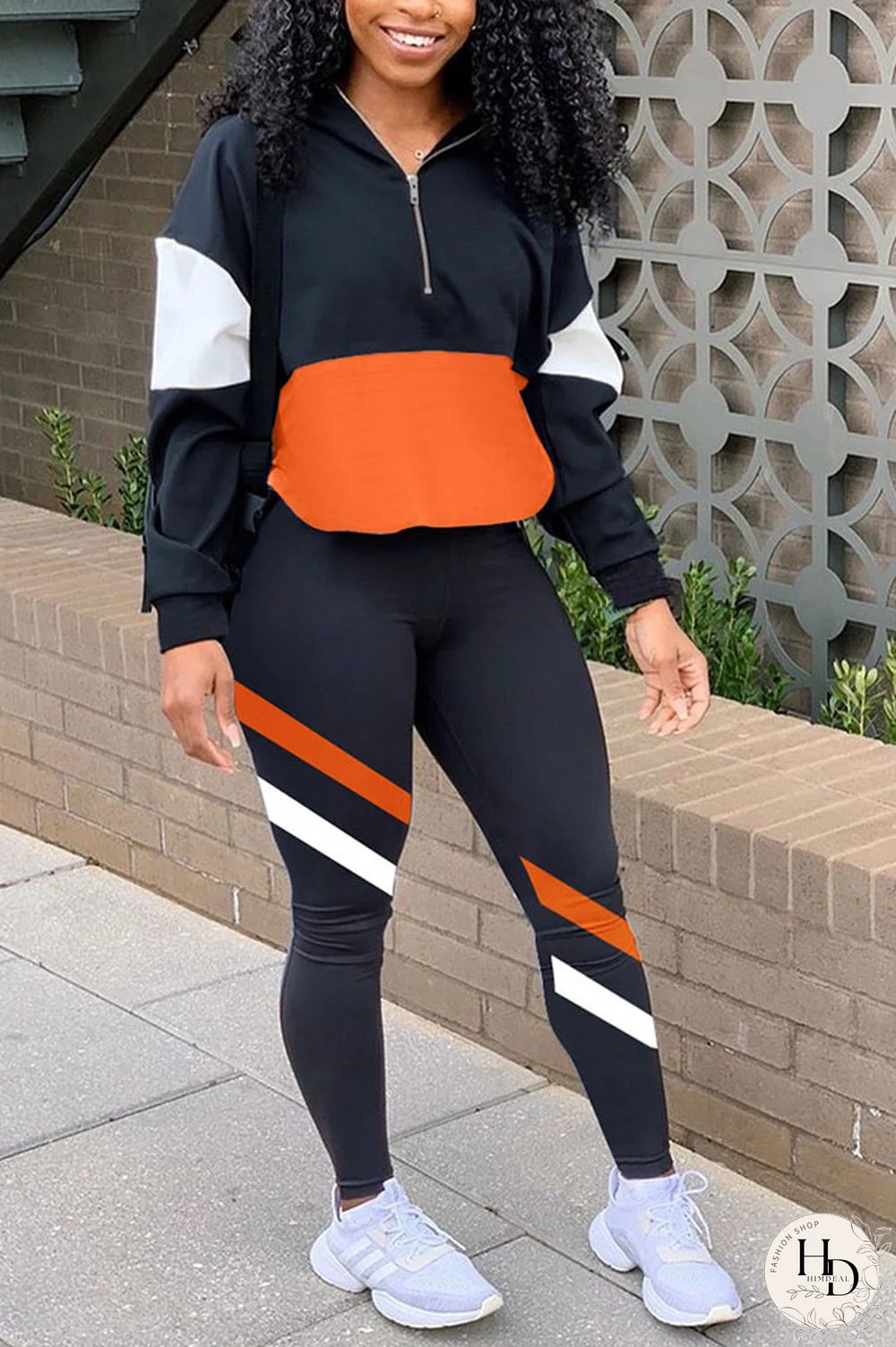 Black Casual Striped Print Zippered Split Joint Mandarin Collar Long Sleeve Two Pieces