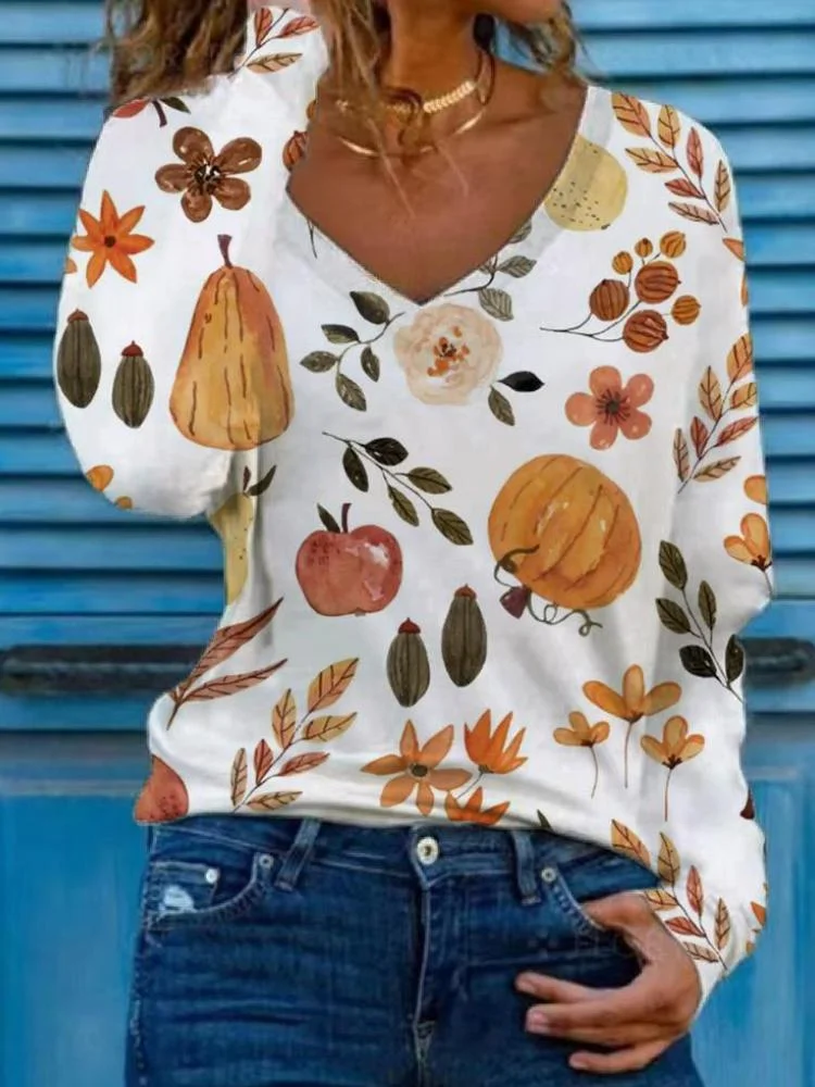 Women's Thanksgiving Pumpkin Print Long Sleeve V-Neck Sweatshirt