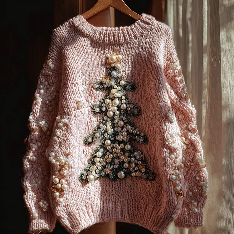 Christmas Tree Embroidered Pearl Crew Neck Sweater