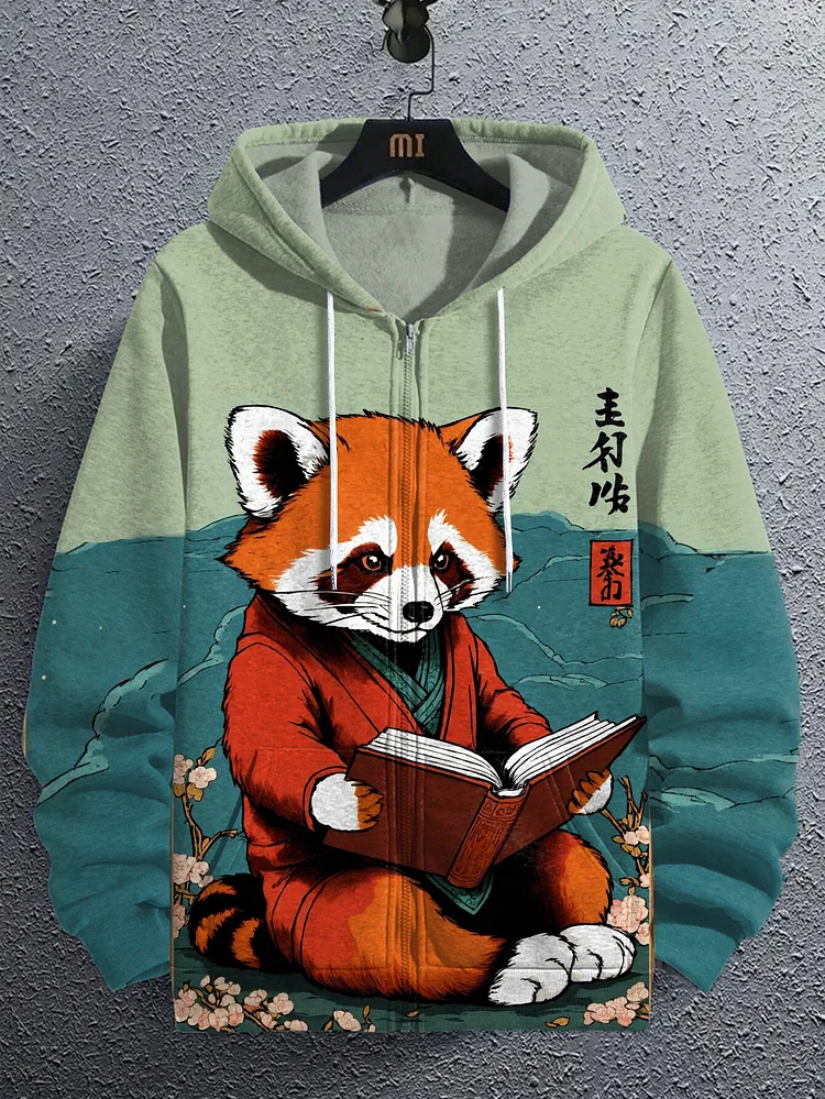 Men's Red Panda Japanese Art Print Hooded Zip Up Jacket