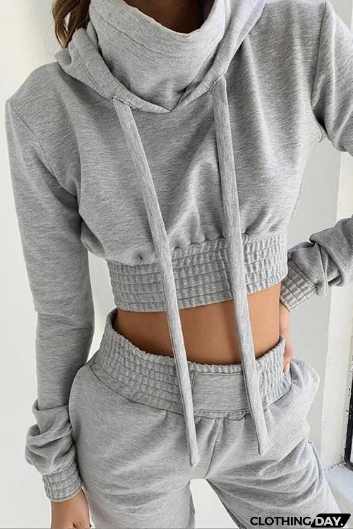 Drawstring Crop Hoodie Pants Set