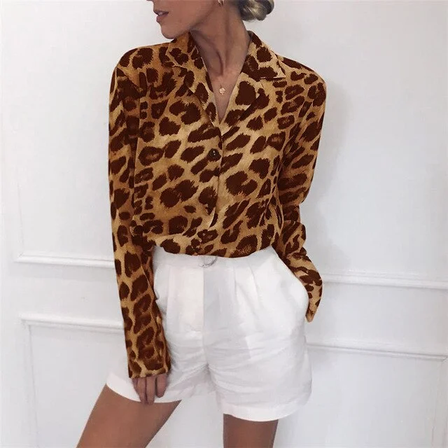 Vintage Blouse Long Sleeve Sexy Leopard Print Blouse Turn Down Collar Lady Office Shirt Tunic Casual Loose Tops Plus Size Blusas