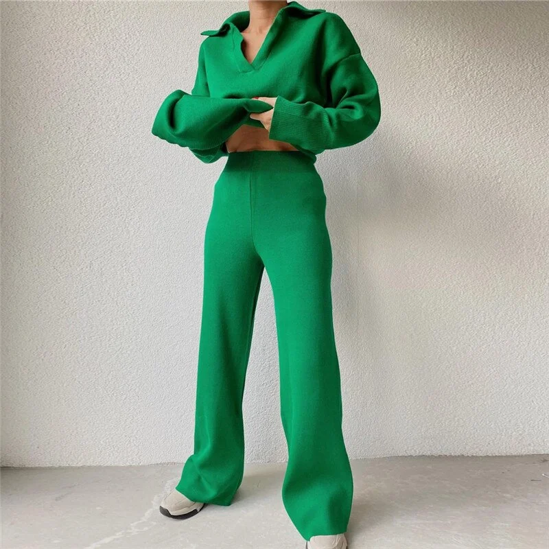 Fall Winter Green Knitted Sweater Two Piece Suits Casual V-neck Pullover Long Wide Leg Tracksuits Women Loose Solid Sweater Sets