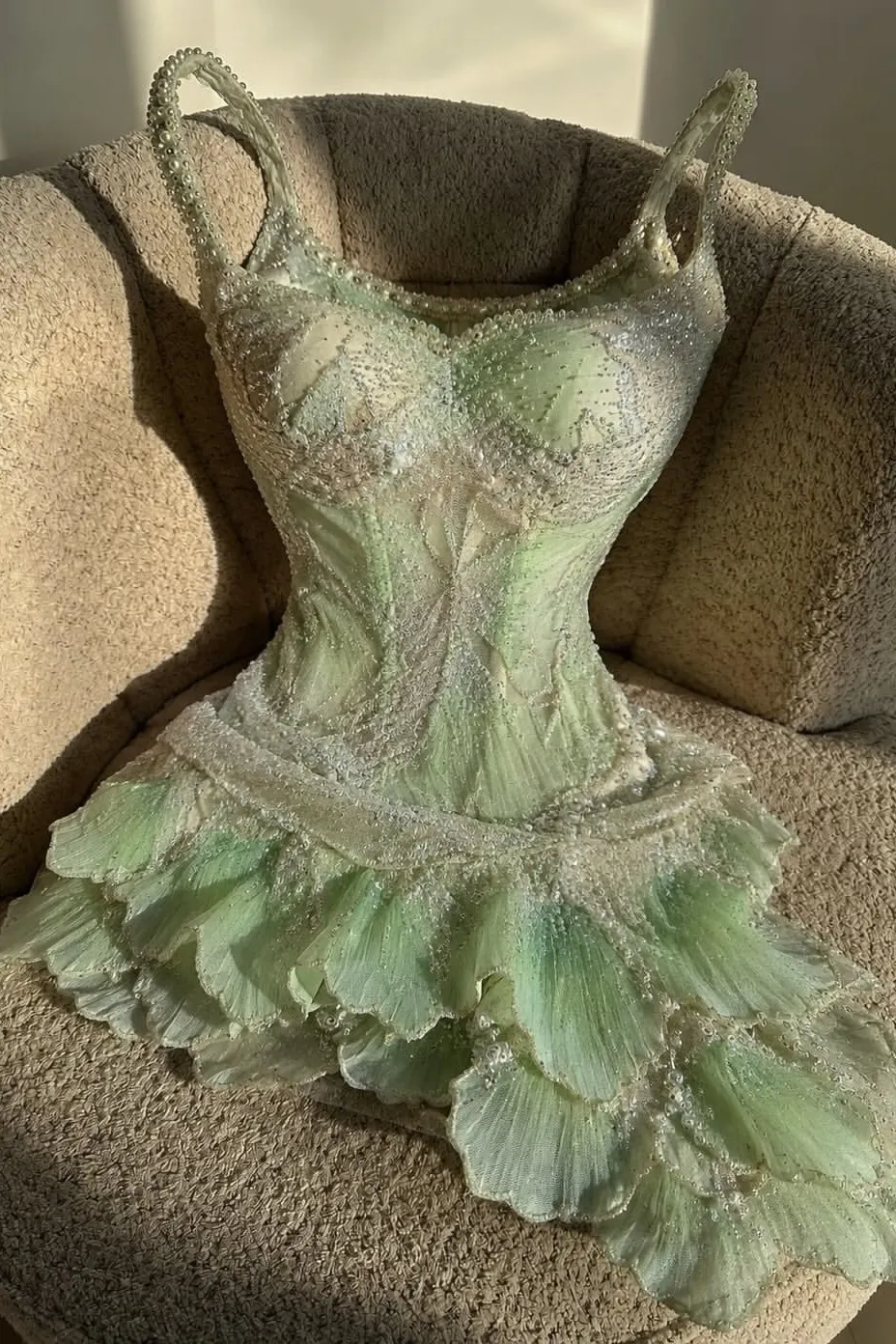 Lussooy Charming Sage Spaghetti Straps Ruffles Beaded Sleeveless Short Prom Dress 