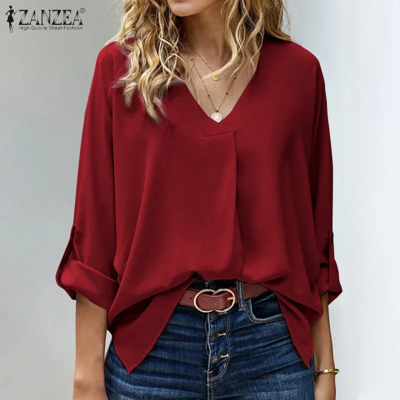 2022 ZANZEA Elegant Top Women V Neck Long Sleeve Solid Blouse Stylish Autumn Shirt Casual Loose Blusas Chemise Mujer