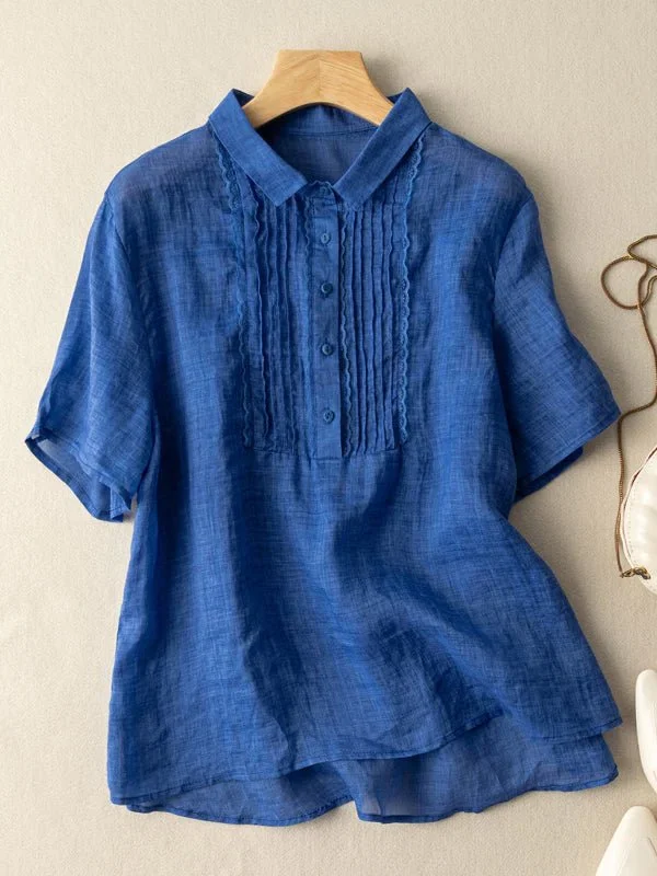 Solid Color Short Sleeve Casual Linen Pleated Top