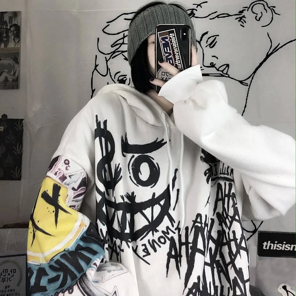 Gothic Cartoon Hip Hop Hoodies Women Japanese Funny Punk Oversize Hooded Sweatshirts Autumn Long Sleeve Female Hoodie Tops