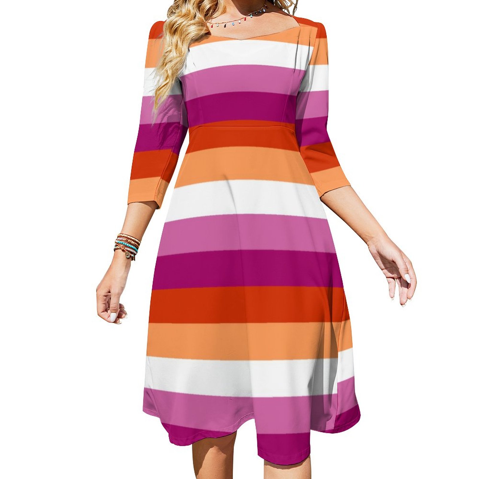 Lesbian Flag Dress Sweetheart Tie Back Flared 3/4 Sleeve Midi Dresses