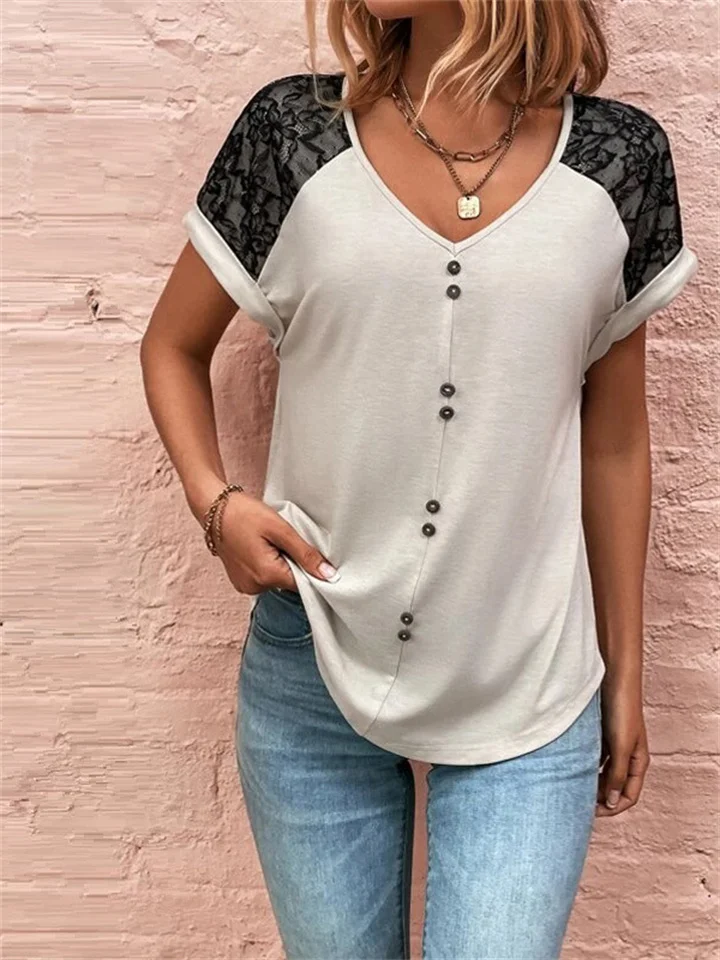 Summer New Short-sleeved T-shirt Pullover Bottoming Shirt Loose Casual Lace Stitching V-neck Button Solid Color Tops Female-Cosfine