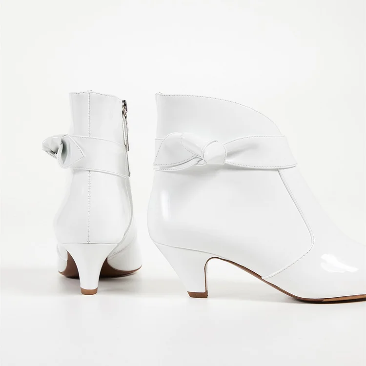 White Pointy Toe Cone Heel Zipper Ankle Booties with Bow |FSJ Shoes