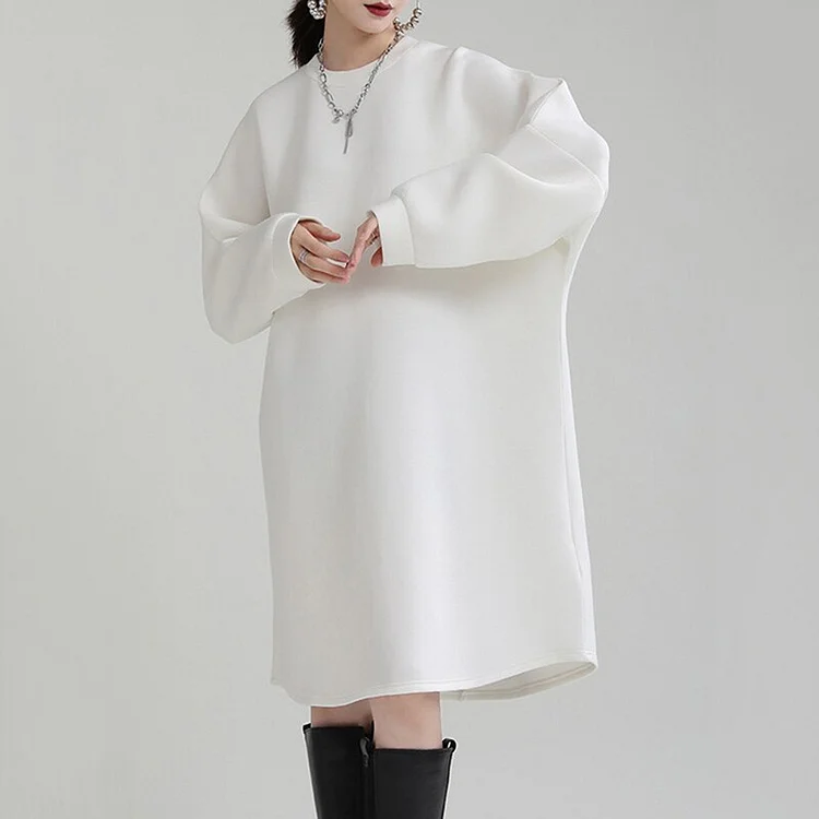 Simple Loose Solid Color Round Neck Long Sleeve Shaped Dress    