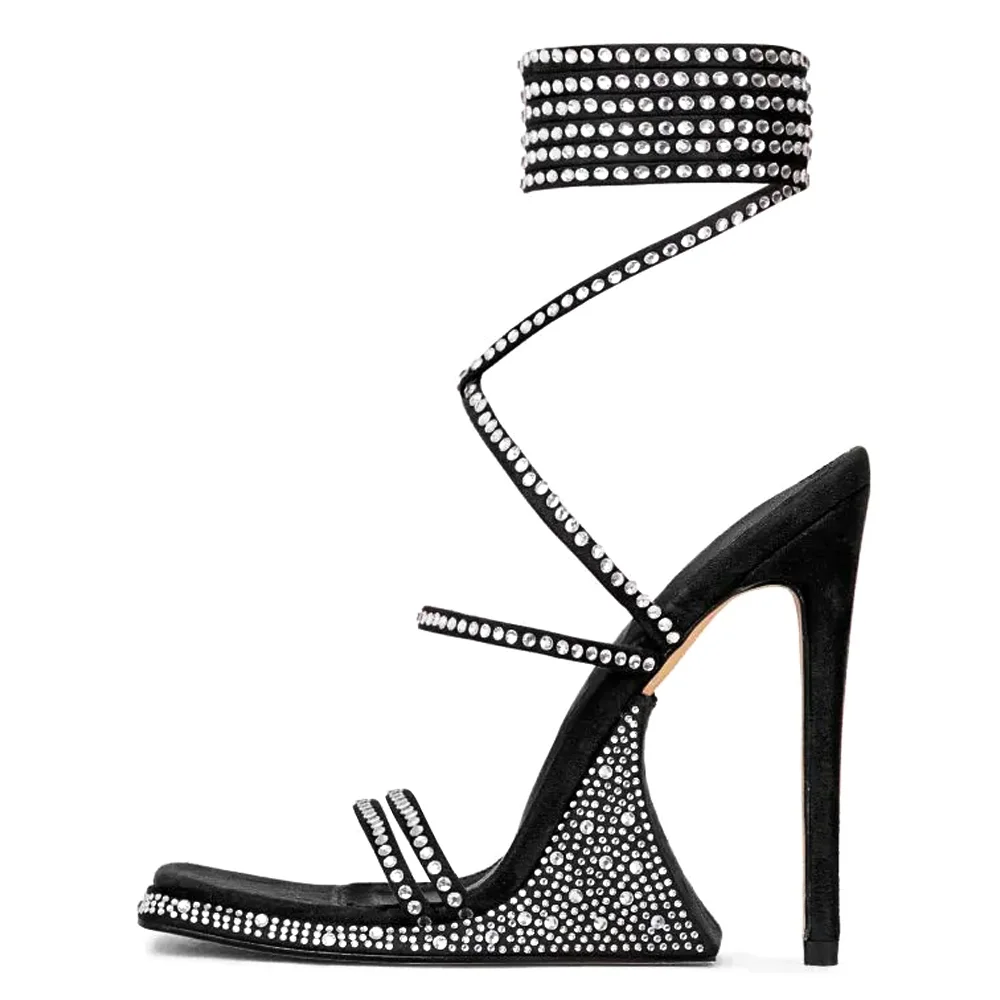 Black Rhinestone Square Toe Stiletto Heel Strappy Sandals for Dress Nicepairs