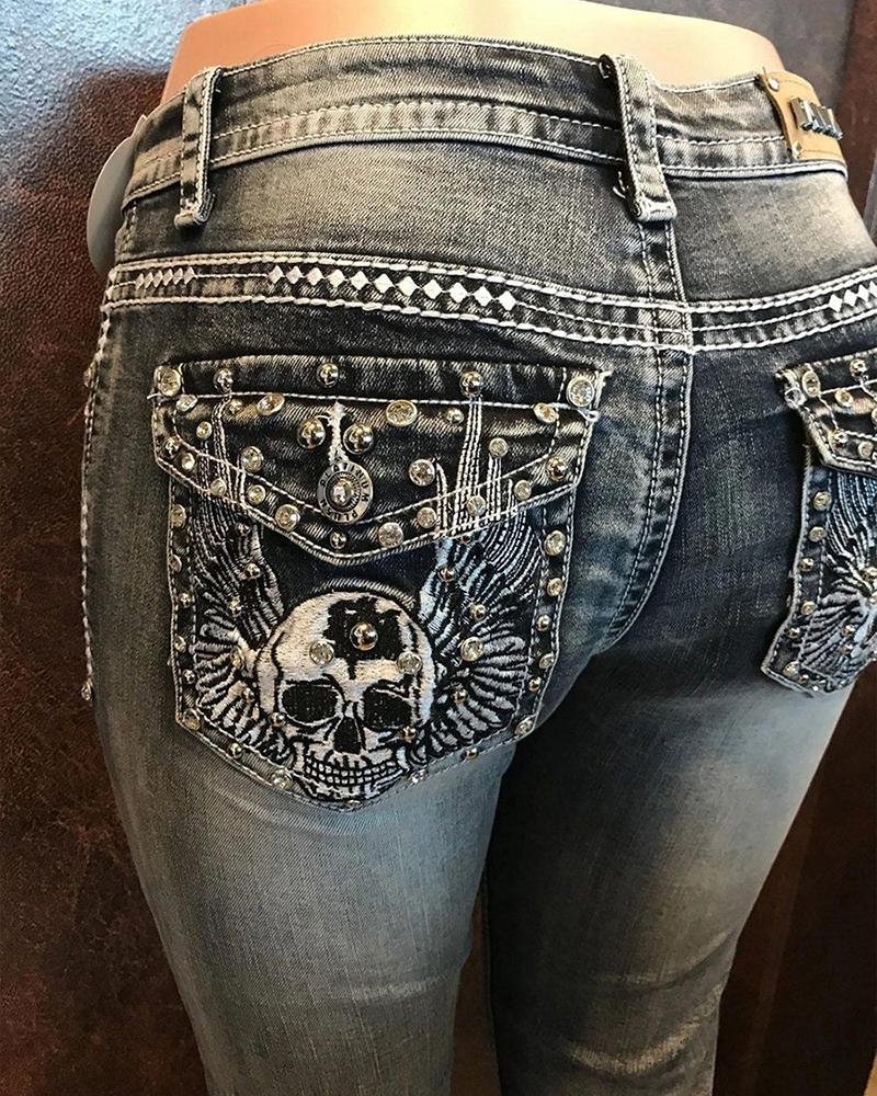 Women's Vintage Skull Stretch Denim Trousers