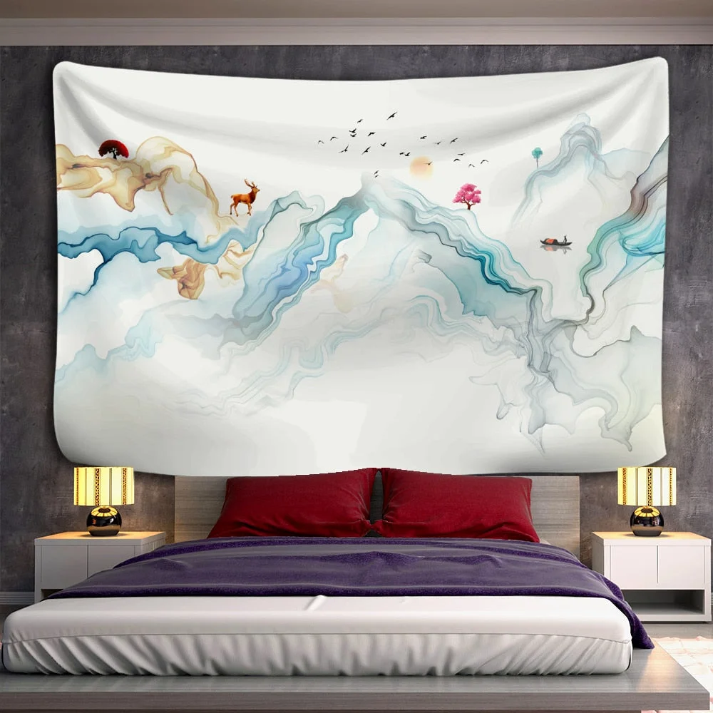 Sunset Mountain Forest Tapestry Wall Hanging Japanese Illustration Bohemian Witchcraft Hippie Mandala Home Decor