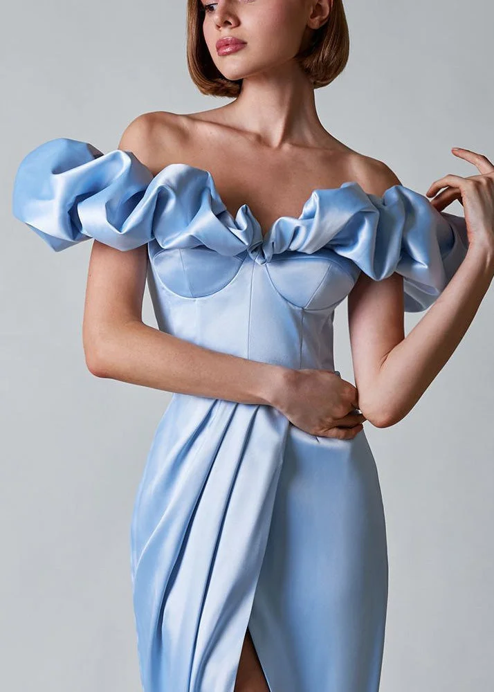 Classy Blue Ruffled Slash Neck Side Open Silk Party Long Dress Summer