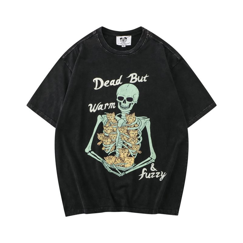 Funny Skull Skeleton Cat Print Men's Hip Hop Vintage Short Sleeve T-shirt-VESSFUL