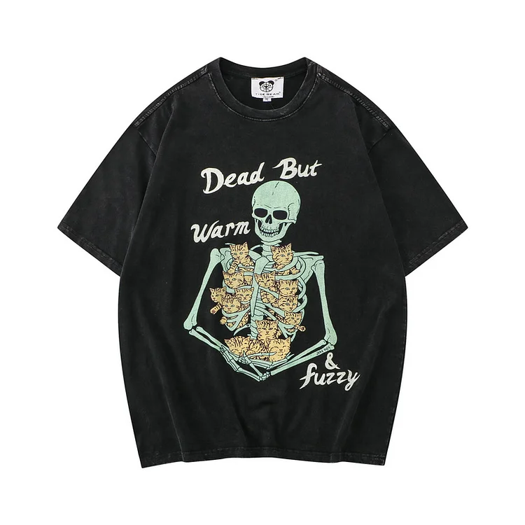 Funny Skull Skeleton Cat Print Men's Hip Hop Vintage Short Sleeve T-shirt at Hiphopee