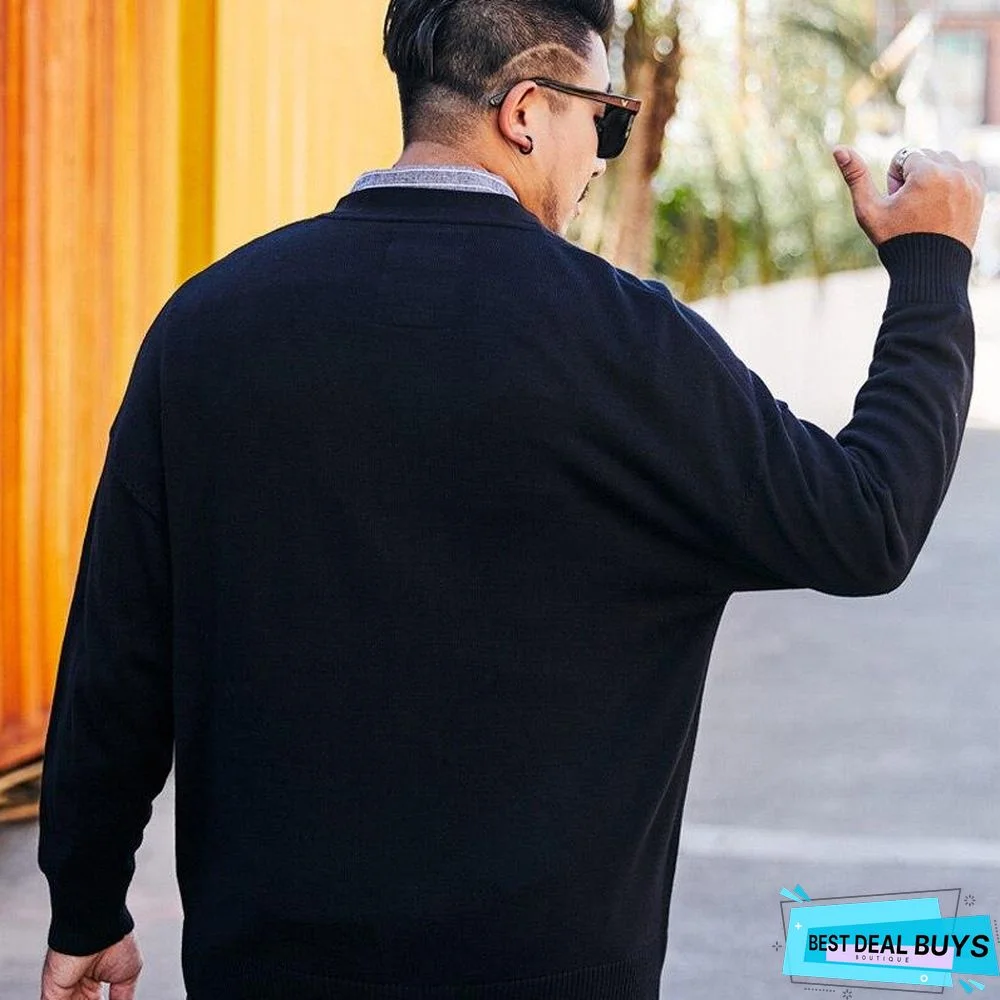 Mens V-Neck Sweater Casual Solid Color Sweater Plus Size Cardigan Tops