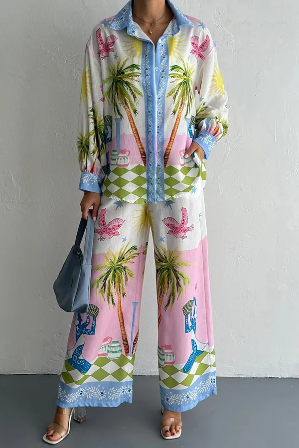 Holiday Style Print Loose Long Sleeve Shirt and Elastic Waist Loose Pocket Wide Leg Pants Set