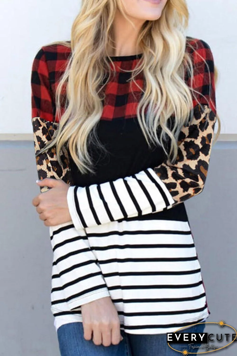 Plaid Print Leopard Splicing Striped Color Block Long Sleeve Top