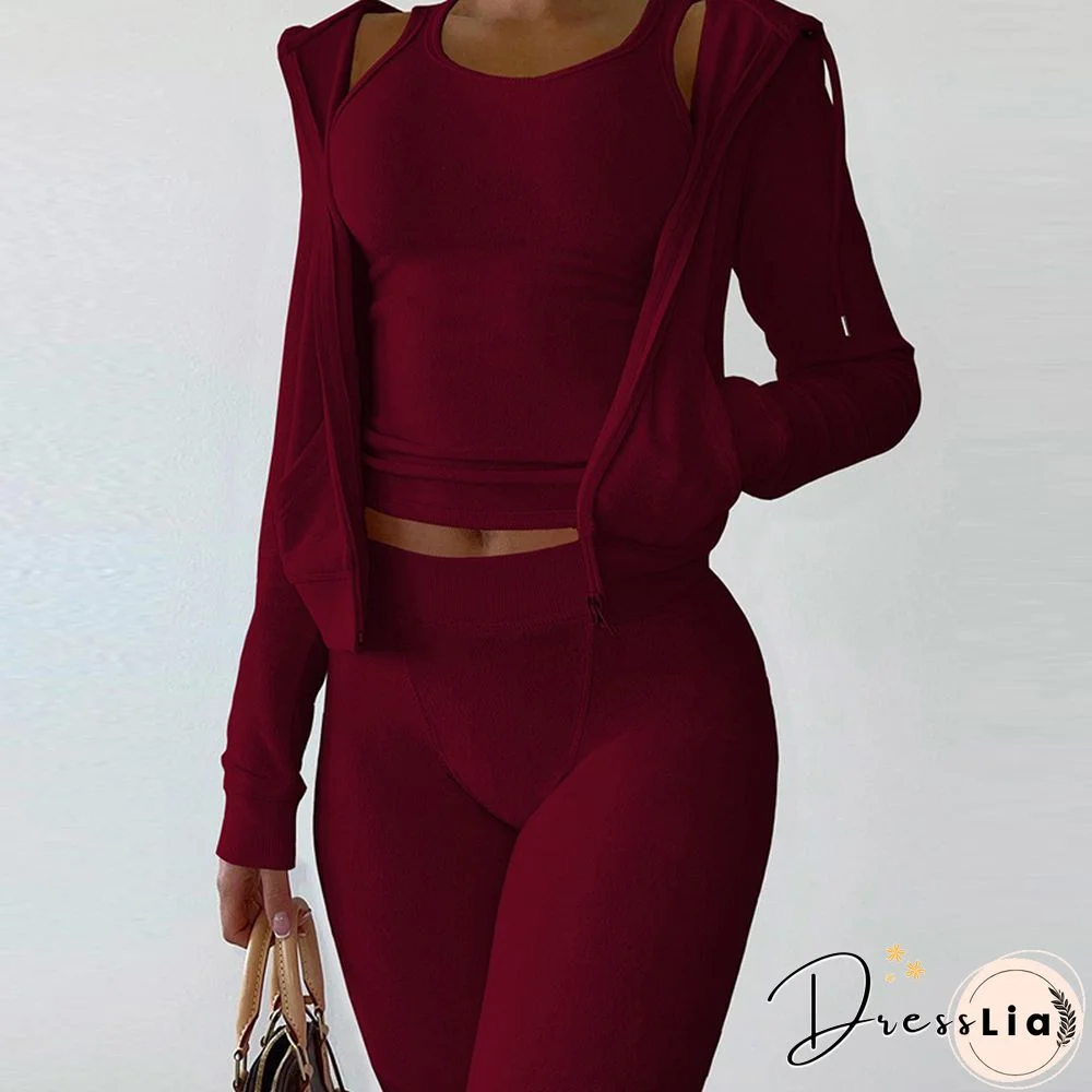 Casual Ladies Sport Suit Fashion Sleeveless O-Neck Tank Top + Long Sleeve Zip Hooded Coat + Pencil Pants Set Slim 3 Piece Sets