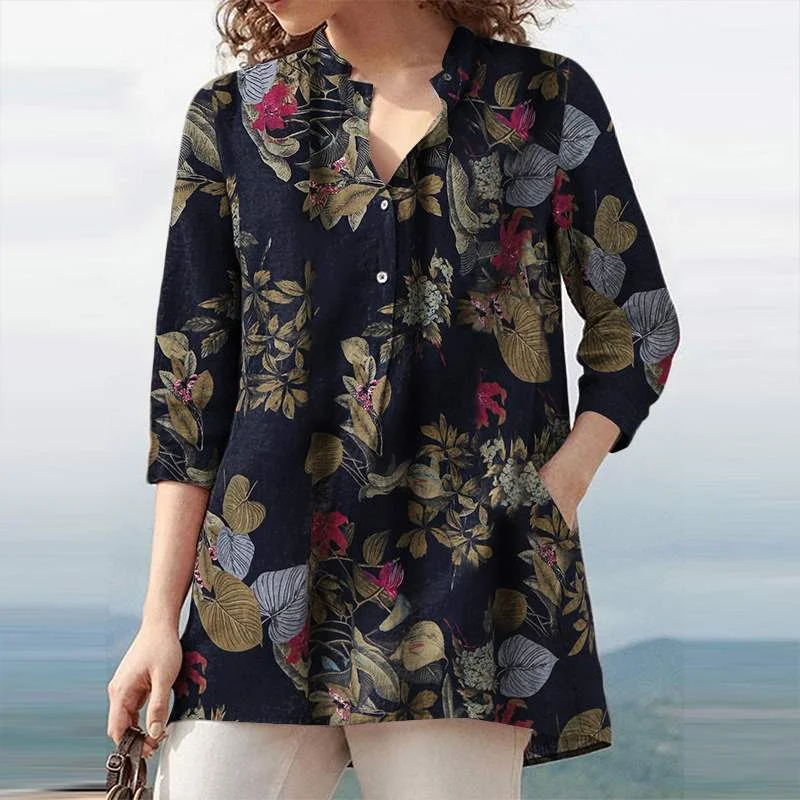 Kaftan Summer Tops Women's Printed Blouses ZANZEA 2022 Casual 3/4 Sleeve Blusa Female Button V Neck Tunic Cotton Floral Chemise