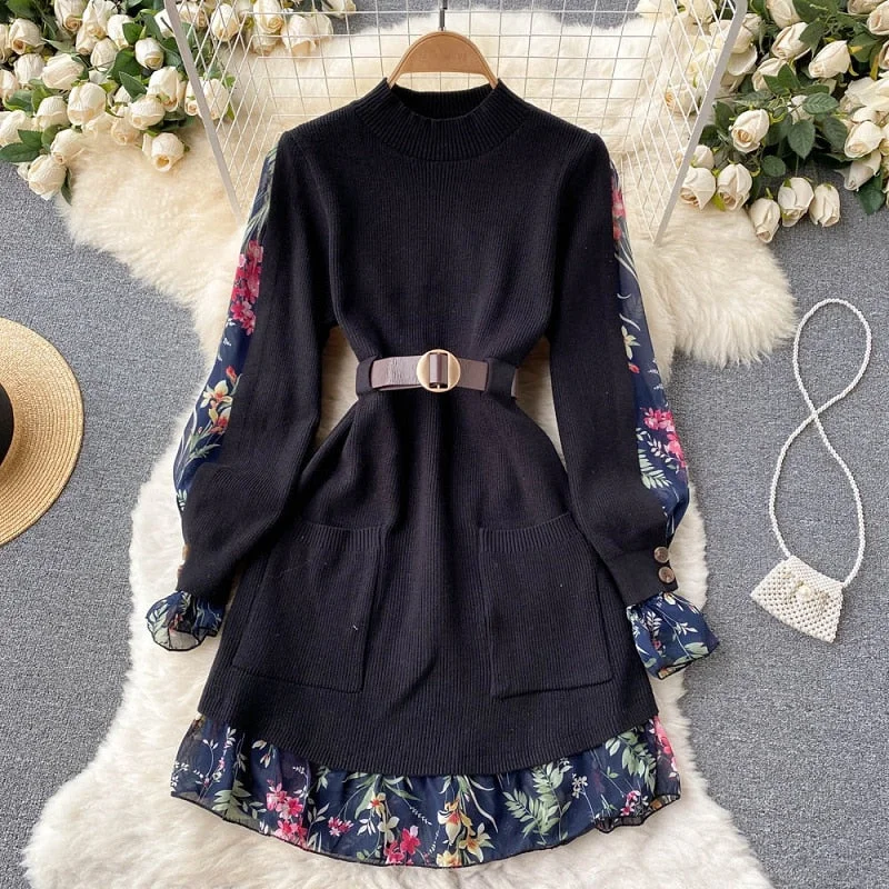 French Knitting Bottom Vestidos Female Autumn Winter New Style Mesh Floral Stitching Fake Two-piece Sweater Mini Dress KK1356