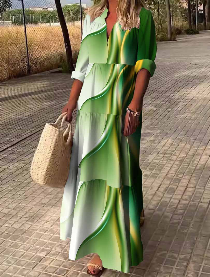 Women Texture, Green DZDN0698 SPU Printed Long Sleeve V-neck Maxi Dress