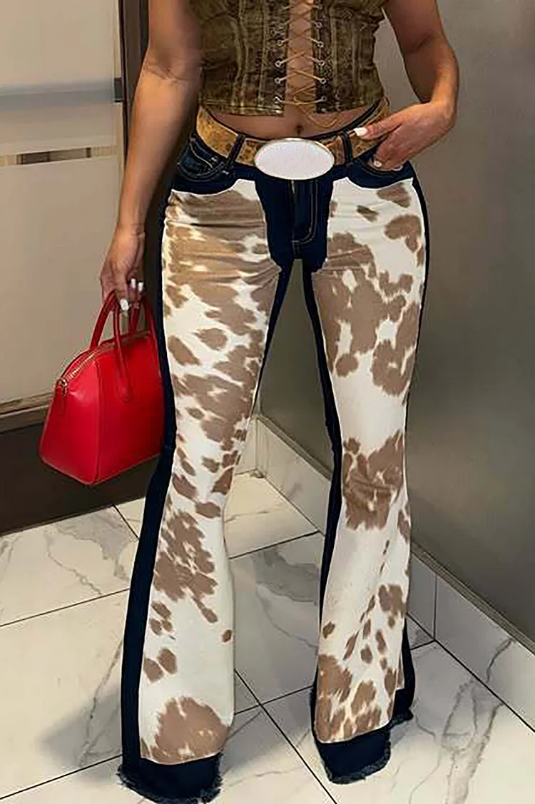Tie Dye Print Denim Flared Leg Jeans-Brown