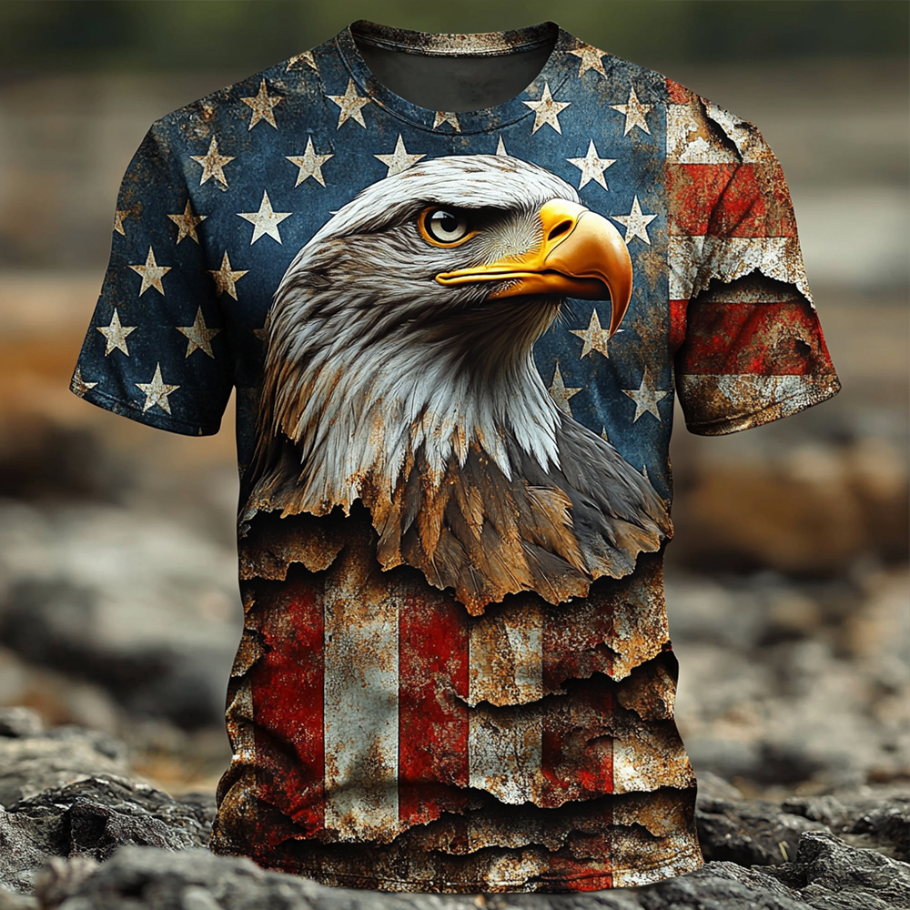  Men's Vintage Independence Day Flag Eagle Pattern Round Neck T-shirt Westsshops