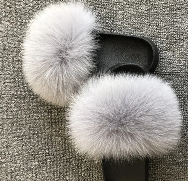 Hot Summer Women Fox Fur Slippers Real Fur Slides Female Indoor Flip Flops Casual Raccon Fur Sandals Furry Fluffy Plush Shoes