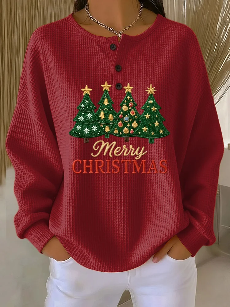 Women's Vintage Christmas Tree Art Print Casual Waffle Henry Collar Sweatshirt