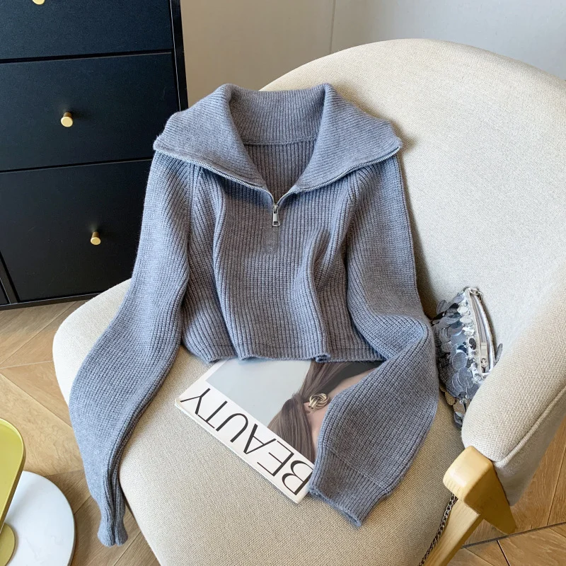 Woherb Half-Zipped Navy Collar Lazy Wind Sweater Female With Autumn And Winter Knit Sweater Loose Outside Wearing Soft Waxy Short Top-Outfit Ideas