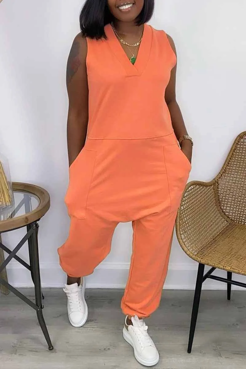 Fashion Casual Solid Basic V Neck Regular Jumpsuits
