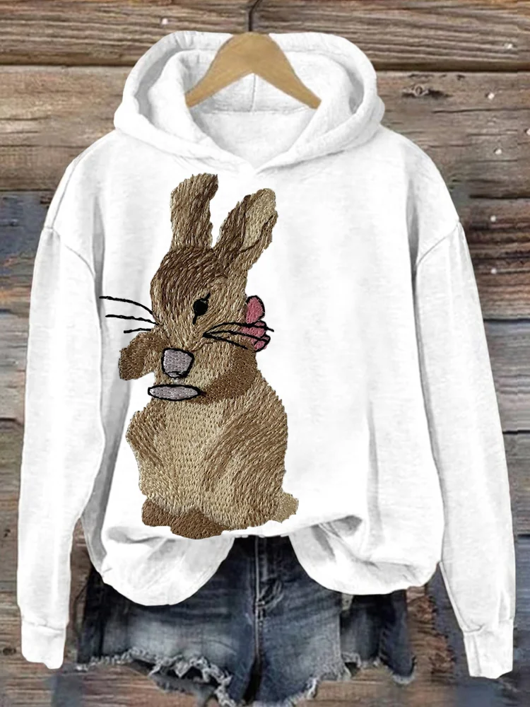 VChics Cute Bunny with Tea Embroidery Art Comfy Hoodie